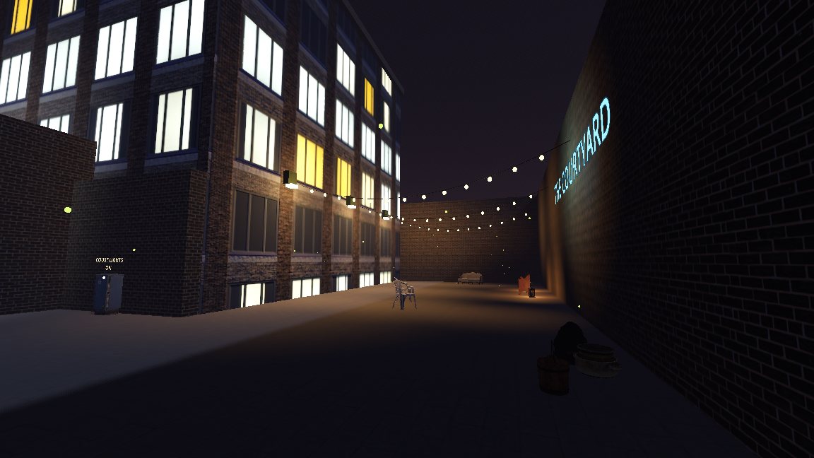 The night district courtyard: string lights, fireflies and a sign from the overlay, lamps from the map