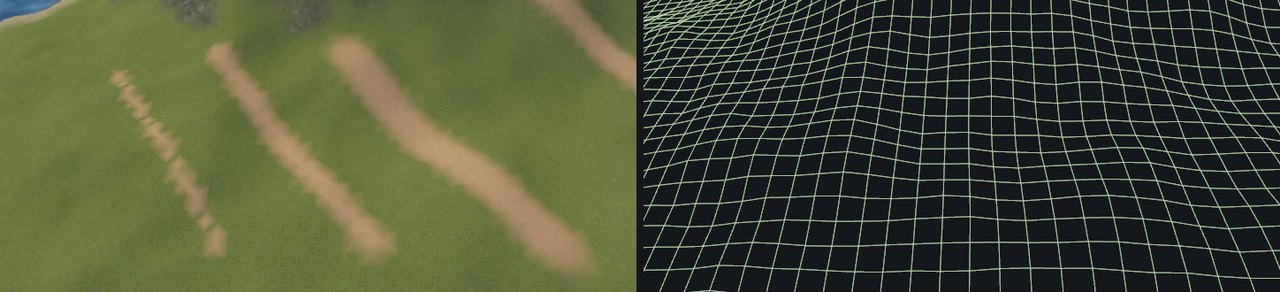 Strokes with radius 40, 96 and 160 on 64 unit cells, next to the grid of vertices that holds the paint